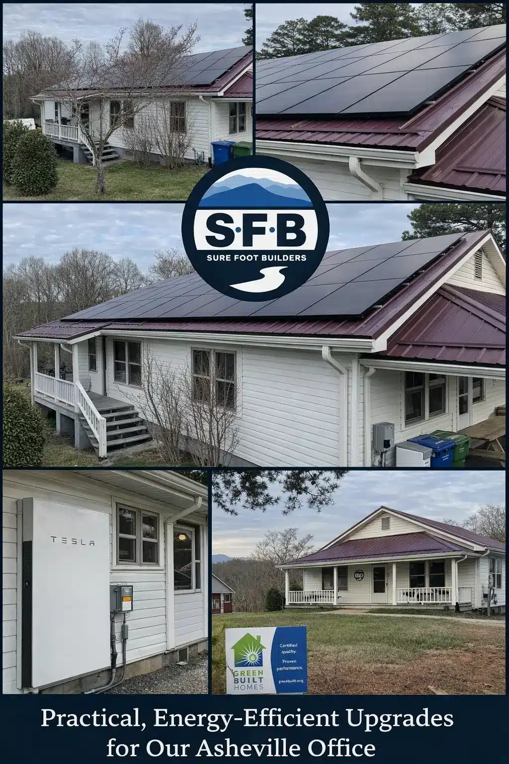 Solar panels on metal roof at Sure Foot Builders office in Asheville NC showing energy-efficient upgrades and practical green building design