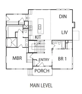 Detailed residential floor plan blueprint illustrating the main level layout including the kitchen, living room, and porch.
