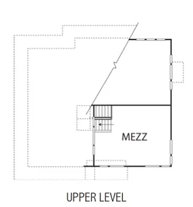 Architectural blueprint floor plan showing the upper level and mezzanine layout of a custom home design.